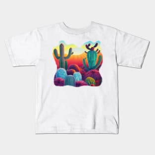 Desert Bloom, A Vibrant painting, Sunset on Cactus Plateaus Kids T-Shirt
